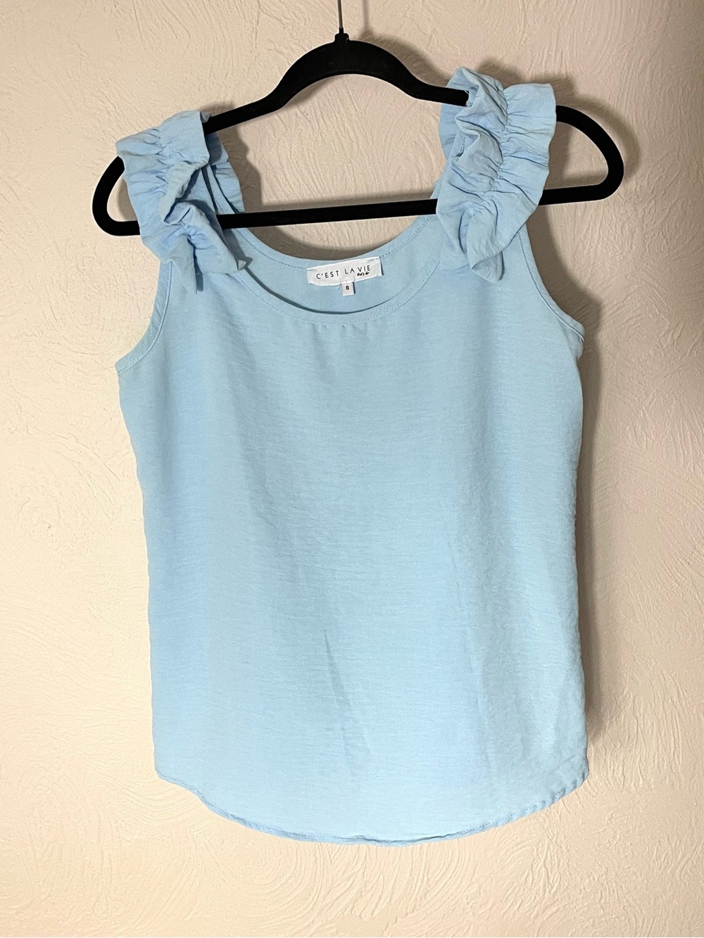 C'est La Vie Light Blue Ruffle Strap Tank